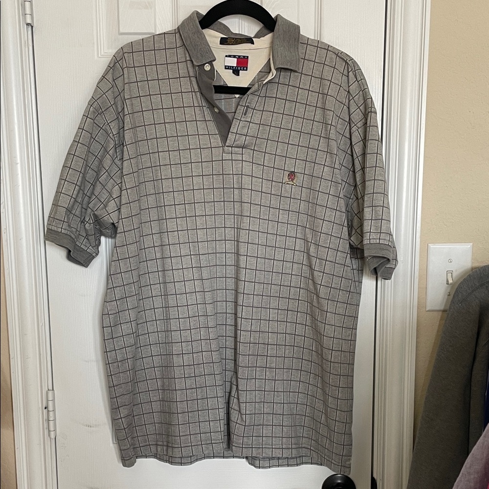 Tommy Hilfiger vintage polo shirt, gray windowpane square pattern, size large